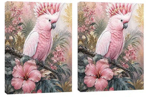 Pink Cockatoo Tropical Floral Diptych Wall Art 2 Piece Art Set