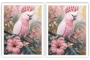 Pink Cockatoo Tropical Floral Diptych Wall Art 2 Piece Art Set