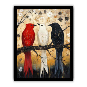 Rustic three birds Canvas Print with red black and white tones