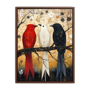 Rustic three birds Canvas Print with red black and white tones