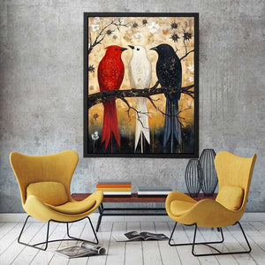 Rustic three birds Canvas Print with red black and white tones