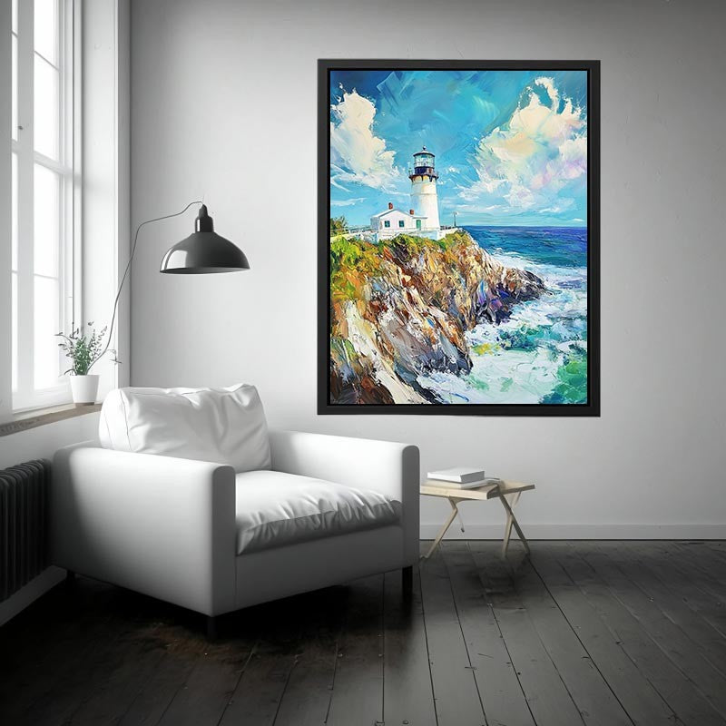 Bright coastal lighthouse canvas art for beach house or living room decor.