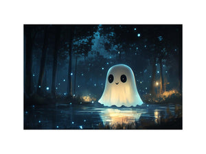 Cute glowing ghost forest Canvas Print with blue fireflies