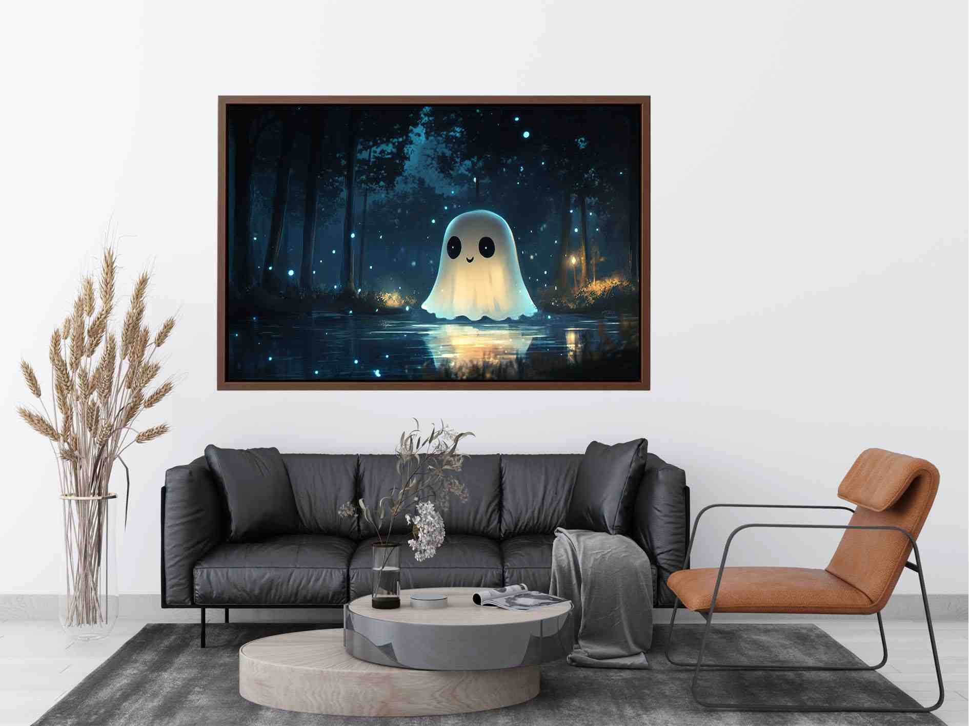 Cute glowing ghost forest Canvas Print with blue fireflies
