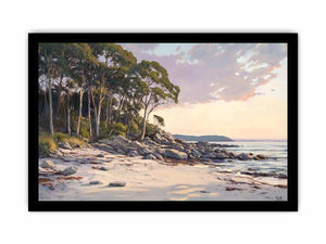 Soft coastal beach painting with eucalyptus trees