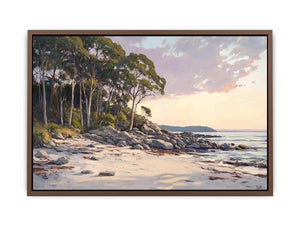 Soft coastal beach painting with eucalyptus trees