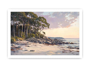 Soft coastal beach painting with eucalyptus trees
