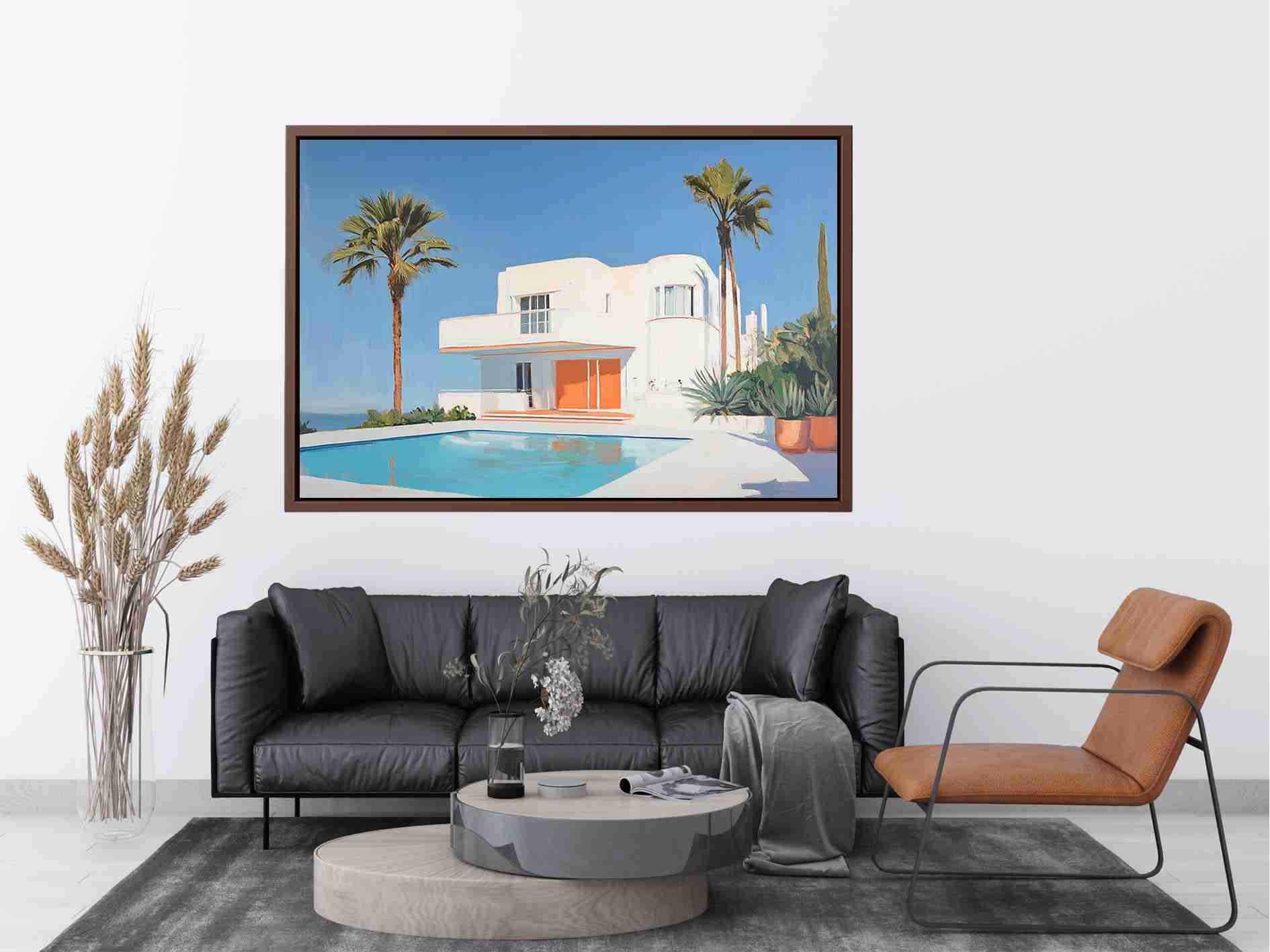 Modern white villa pool Canvas Print with palm trees
