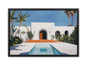 White Mediterranean villa courtyard Canvas Print with pool and palms