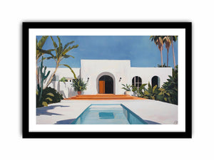 White Mediterranean villa courtyard Canvas Print with pool and palms