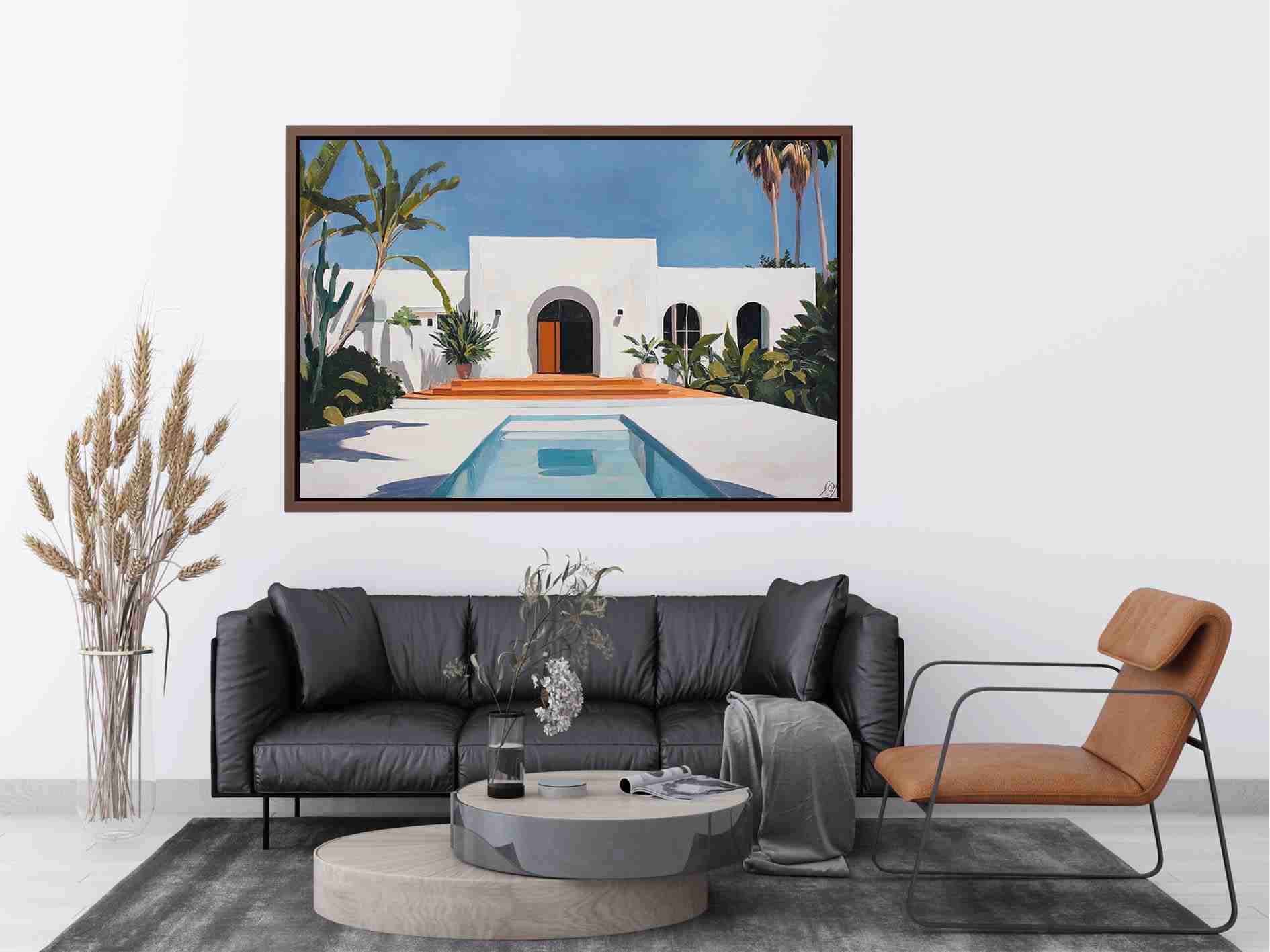 White Mediterranean villa courtyard Canvas Print with pool and palms