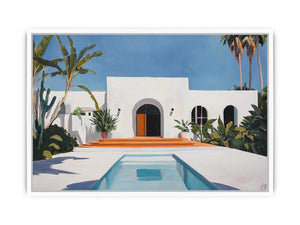 White Mediterranean villa courtyard Canvas Print with pool and palms