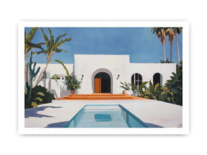 White Mediterranean villa courtyard Canvas Print with pool and palms