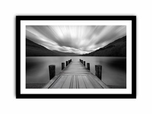 Black and white lake pier landscape