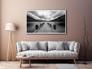 Black and white lake pier landscape