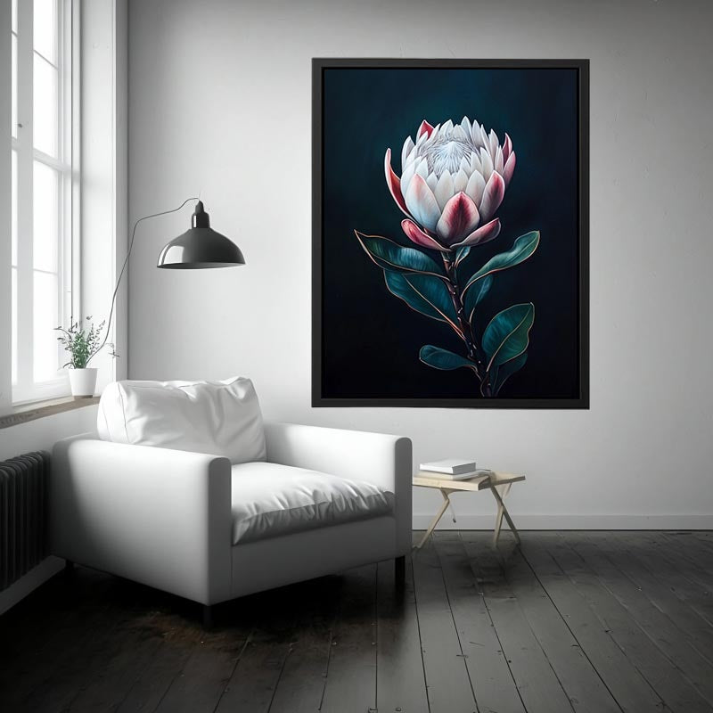 Moody protea flower Canvas Print with dark background