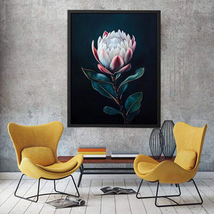 Moody protea flower Canvas Print with dark background