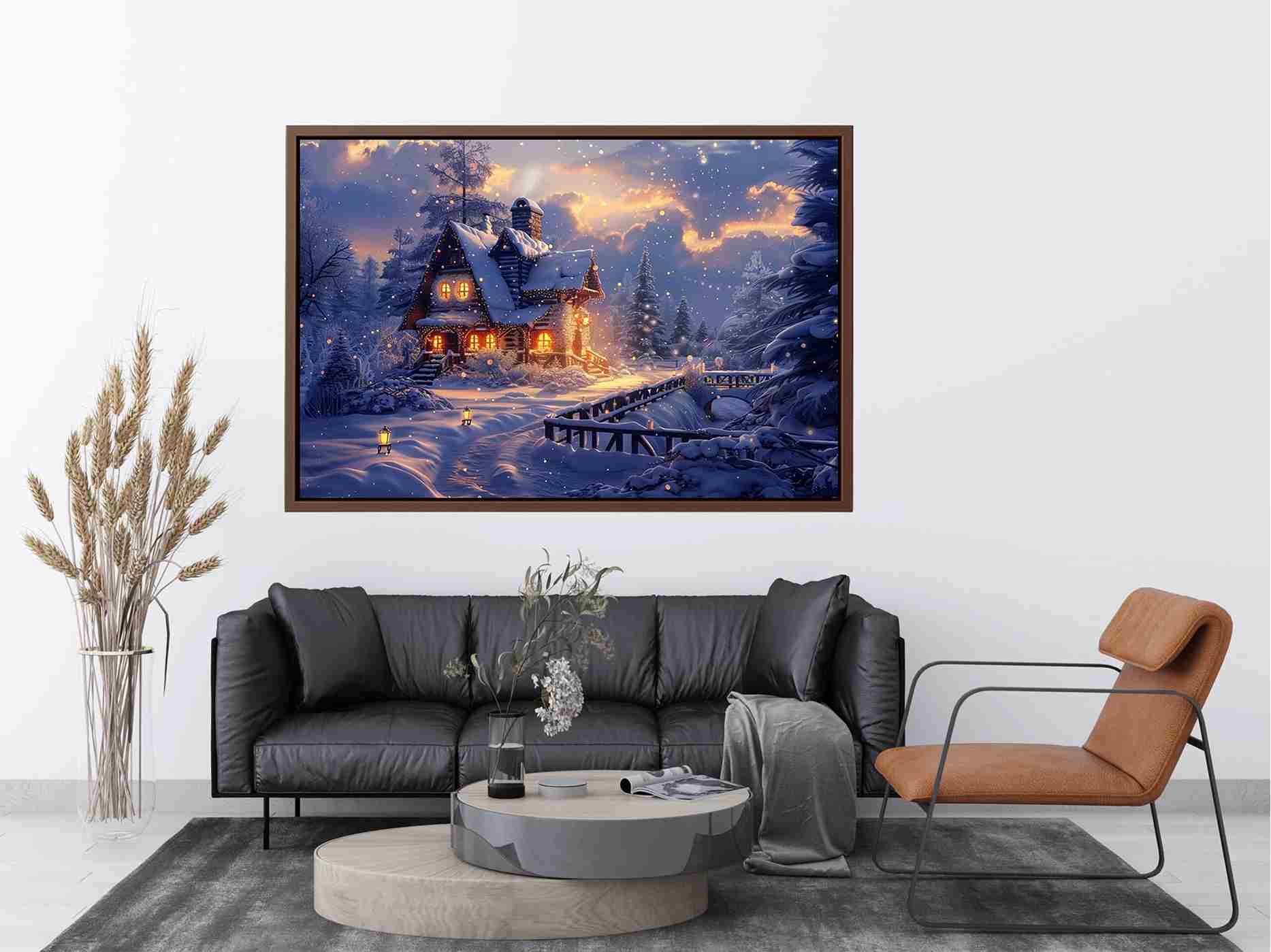 Cozy winter cabin Canvas Print with snow and warm lights