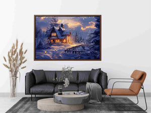 Cozy winter cabin Canvas Print with snow and warm lights