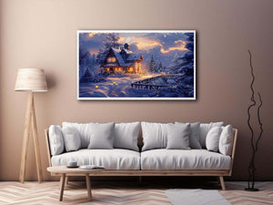 Cozy winter cabin Canvas Print with snow and warm lights