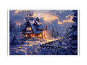 Cozy winter cabin Canvas Print with snow and warm lights