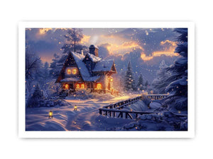 Cozy winter cabin Canvas Print with snow and warm lights