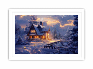Cozy winter cabin Canvas Print with snow and warm lights