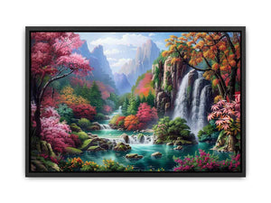 Fantasy waterfall garden Canvas Print with flowers and mountains