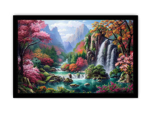 Fantasy waterfall garden Canvas Print with flowers and mountains