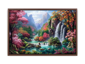 Fantasy waterfall garden Canvas Print with flowers and mountains