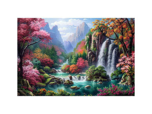 Fantasy waterfall garden Canvas Print with flowers and mountains