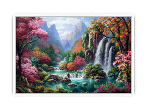 Fantasy waterfall garden Canvas Print with flowers and mountains