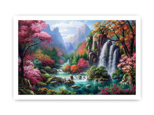 Fantasy waterfall garden Canvas Print with flowers and mountains
