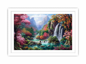Fantasy waterfall garden Canvas Print with flowers and mountains