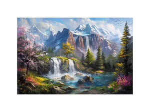 Mountain waterfall lake Canvas Print with spring trees