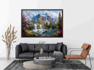 Mountain waterfall lake Canvas Print with spring trees