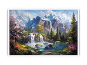 Mountain waterfall lake Canvas Print with spring trees