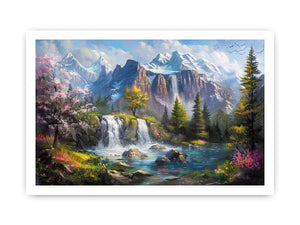 Mountain waterfall lake Canvas Print with spring trees