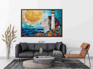 Surreal coastal lighthouse Canvas Print with woman portrait and gold sun