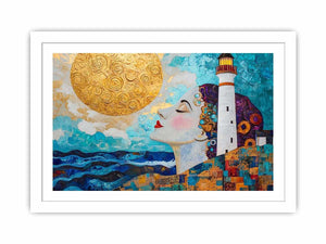 Surreal coastal lighthouse Canvas Print with woman portrait and gold sun