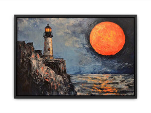 Coastal lighthouse Canvas Print with orange moon, ocean, and rocky cliffs