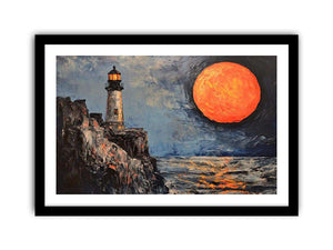 Coastal lighthouse Canvas Print with orange moon, ocean, and rocky cliffs