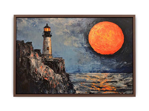 Coastal lighthouse Canvas Print with orange moon, ocean, and rocky cliffs
