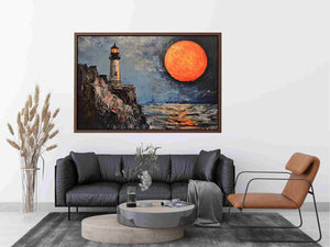 Coastal lighthouse Canvas Print with orange moon, ocean, and rocky cliffs