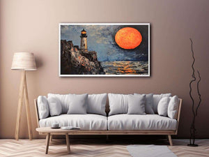 Coastal lighthouse Canvas Print with orange moon, ocean, and rocky cliffs