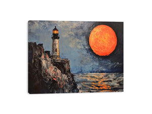 Coastal lighthouse Canvas Print with orange moon, ocean, and rocky cliffs