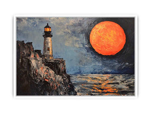 Coastal lighthouse Canvas Print with orange moon, ocean, and rocky cliffs