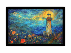 Dreamy lighthouse watercolor Canvas Print with moonlit coast