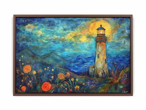 Dreamy lighthouse watercolor Canvas Print with moonlit coast
