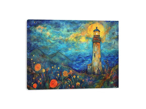 Dreamy lighthouse watercolor Canvas Print with moonlit coast